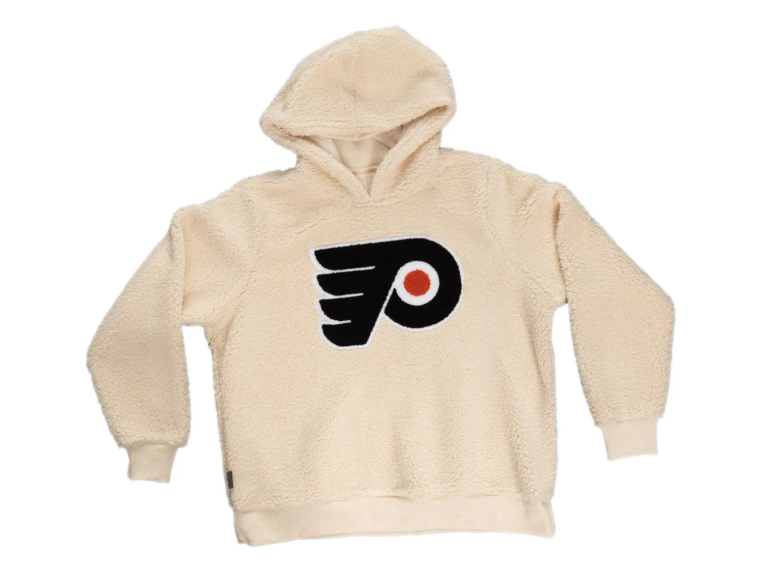 Cream sherpa hoodie with Philadelphia Flyers logo on front, NHL fan apparel
