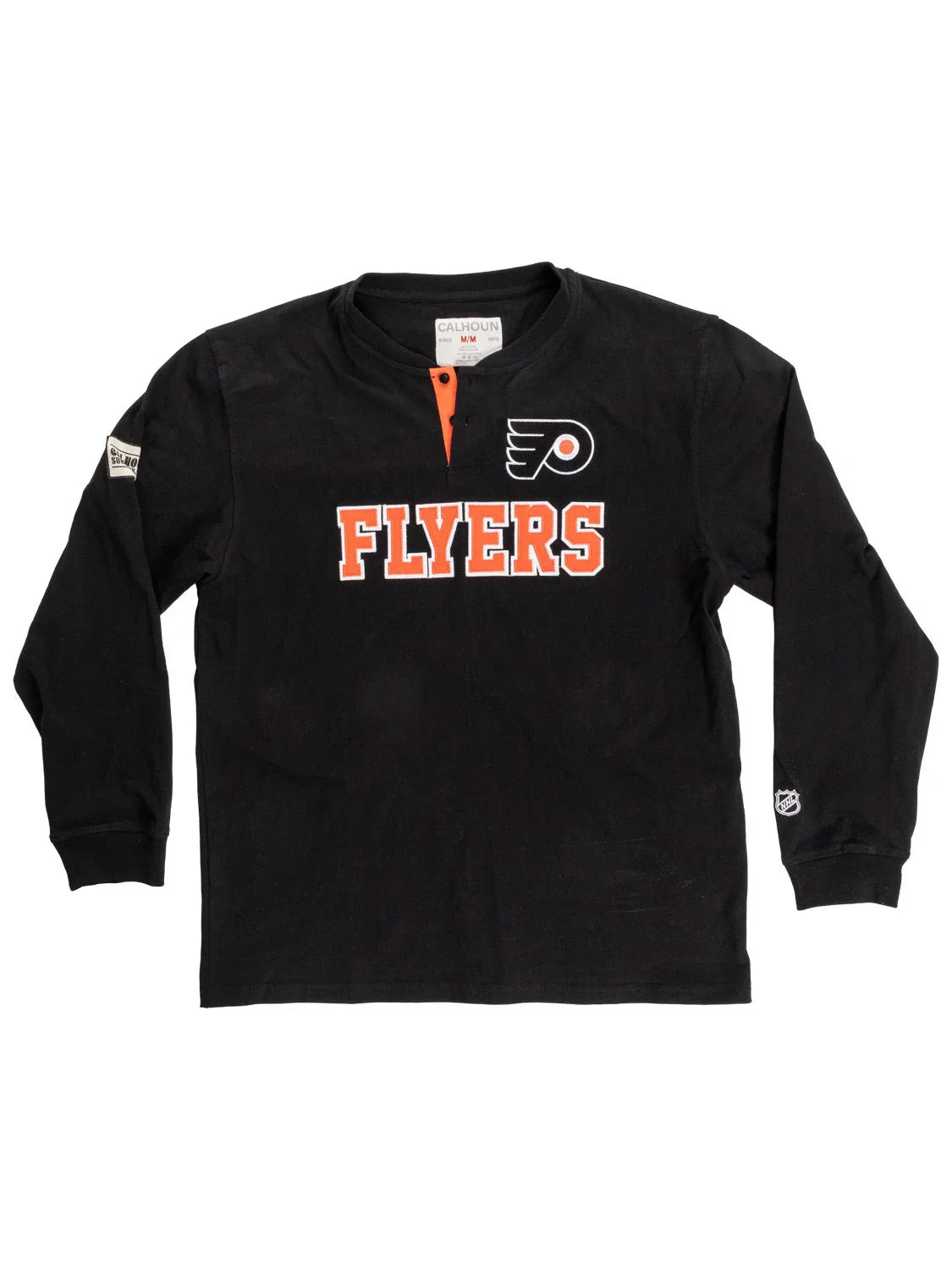 Black Philadelphia Flyers long sleeve Henley shirt with logo and orange buttons
