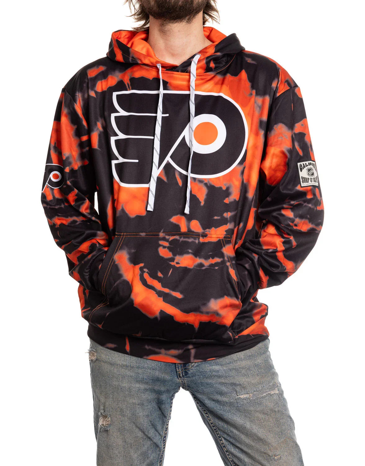 Man wearing black and orange Flyers sublimation hoodie with large logo, casual jeans