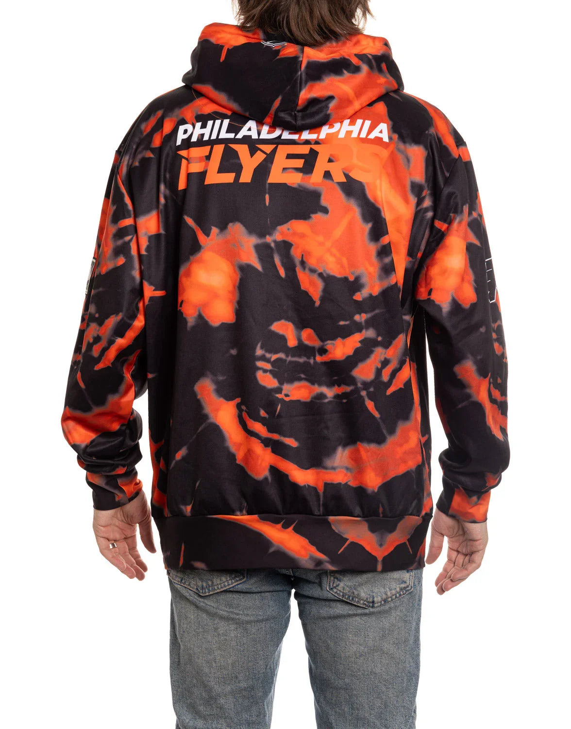 Back of Philadelphia Flyers sublimation hoodie with orange and black tie-dye pattern