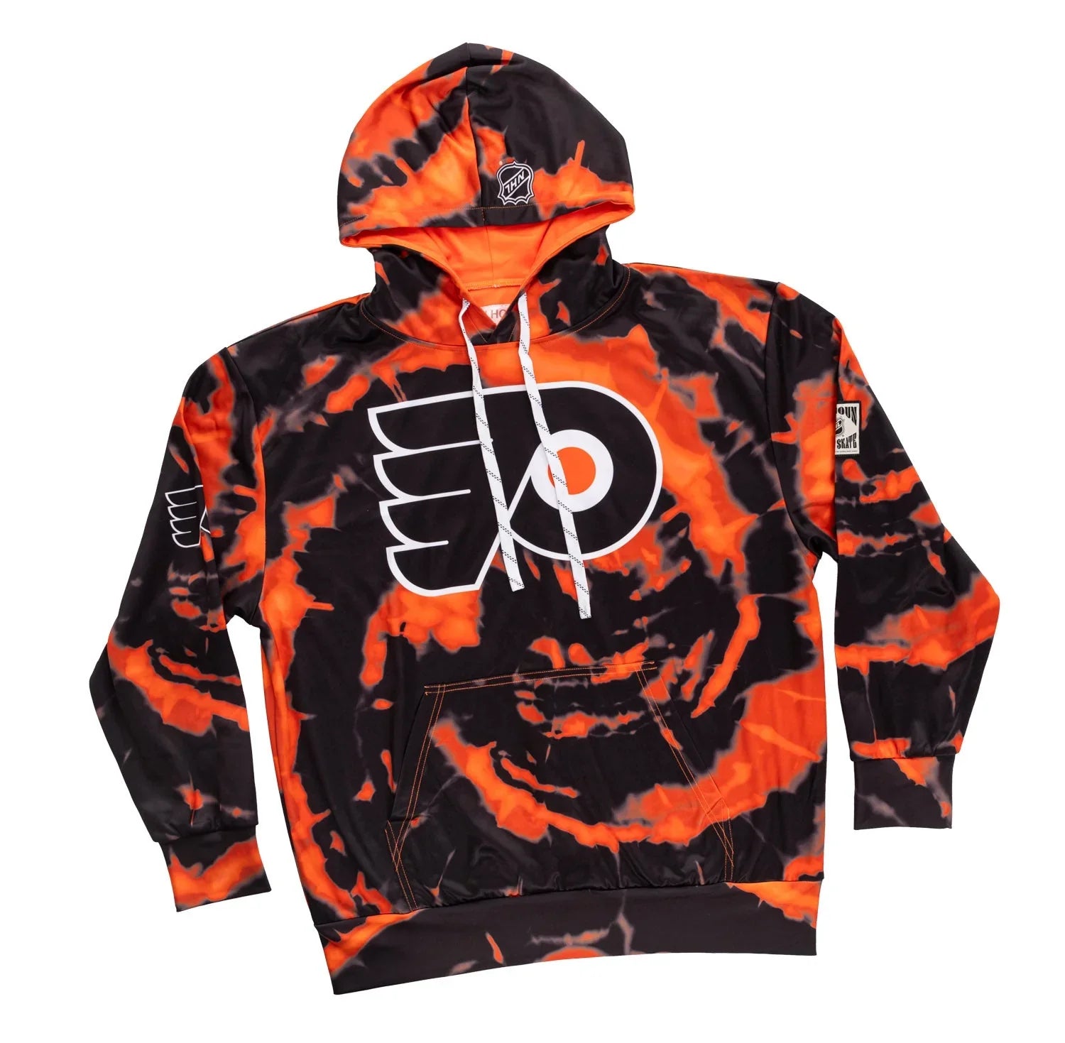 Philadelphia Flyers sublimation hoodie with orange and black tie-dye pattern and team logo