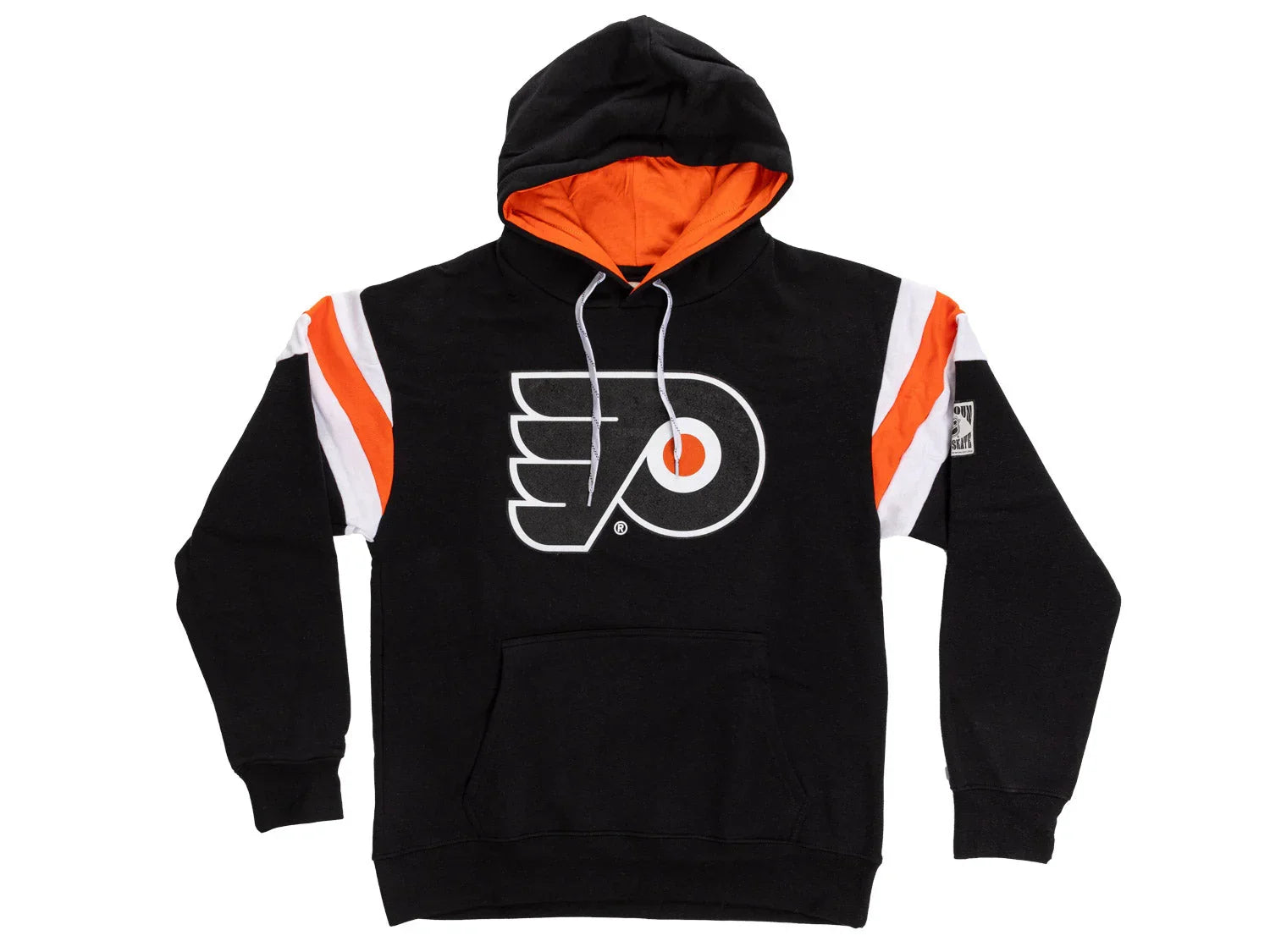 Black Philadelphia Flyers hoodie with orange and white stripes, team logo on front