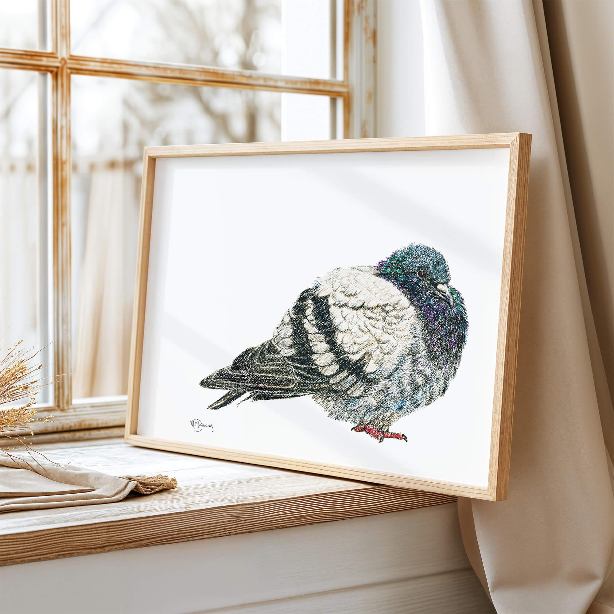 framed pigeon illustration art on wooden windowsill beside beige curtain
