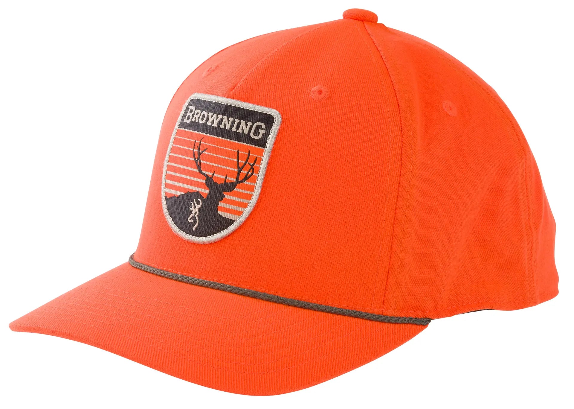 Browning Pine Valley blaze orange hunting cap with vintage mule deer patch and adjustable snapback
