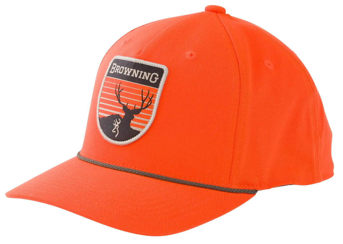Browning Pine Valley blaze orange hunting cap with vintage mule deer patch and adjustable snapback