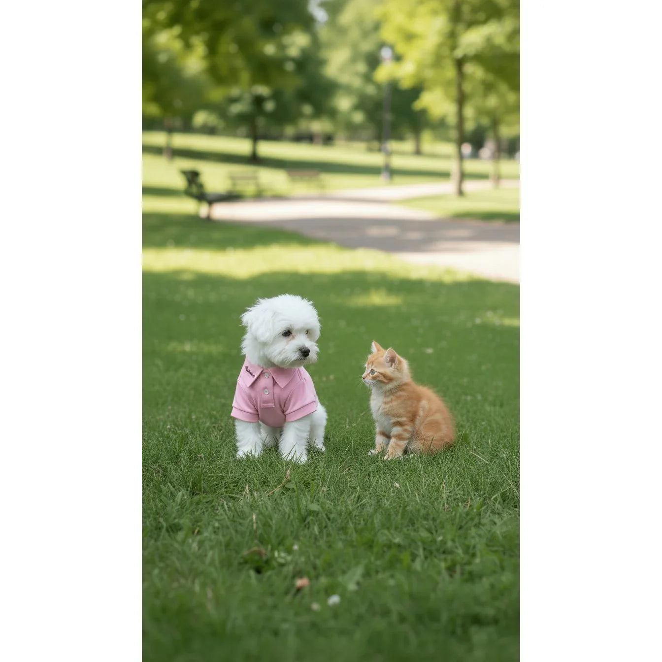 White dog in pink shirt and orange kitten sitting on green grass in sunny park