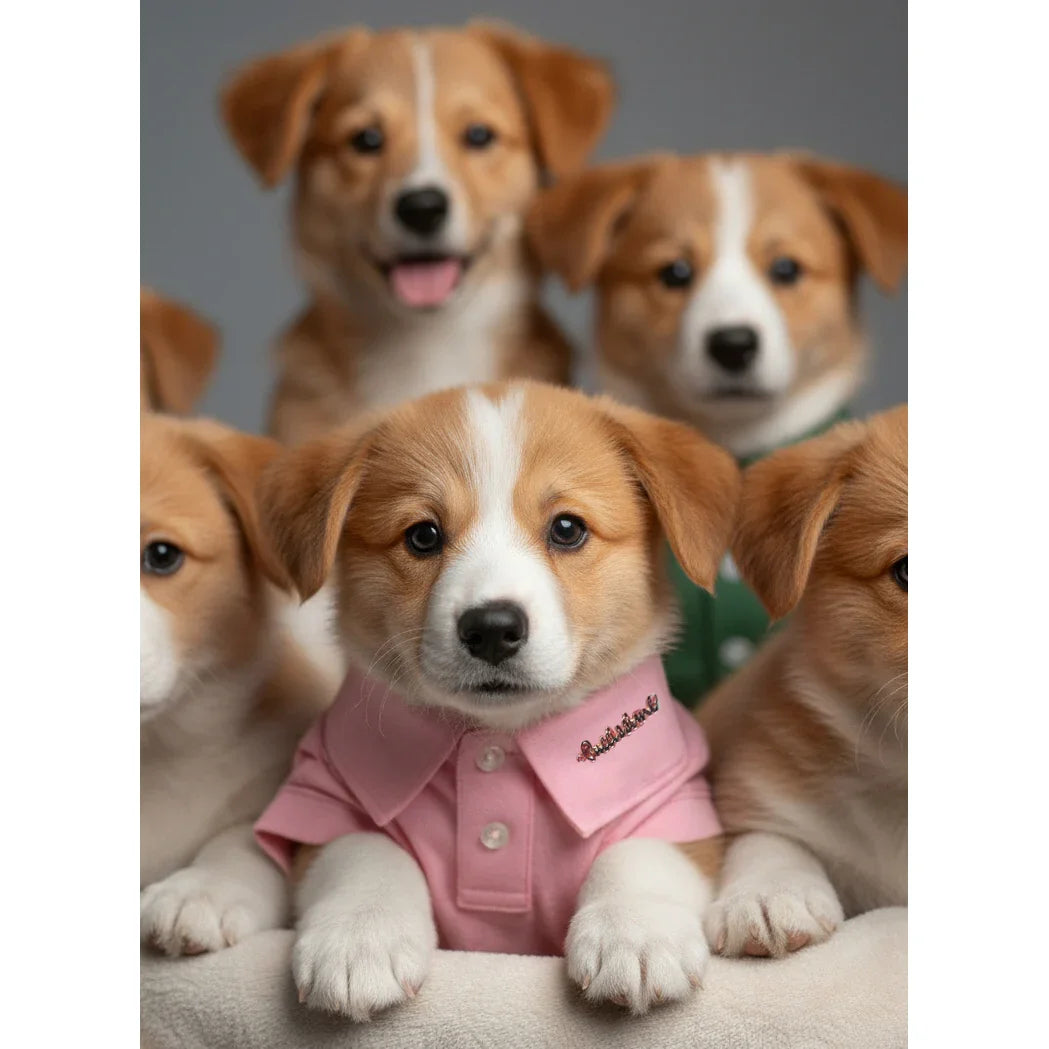 Group of brown and white puppies, one in a pink shirt, posing for a pet fashion photo