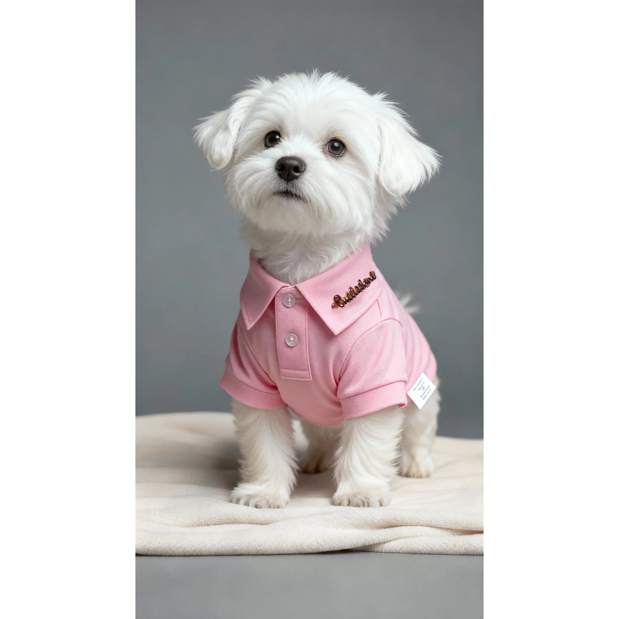 Small white dog in pink polo shirt sitting on blanket, studio background.