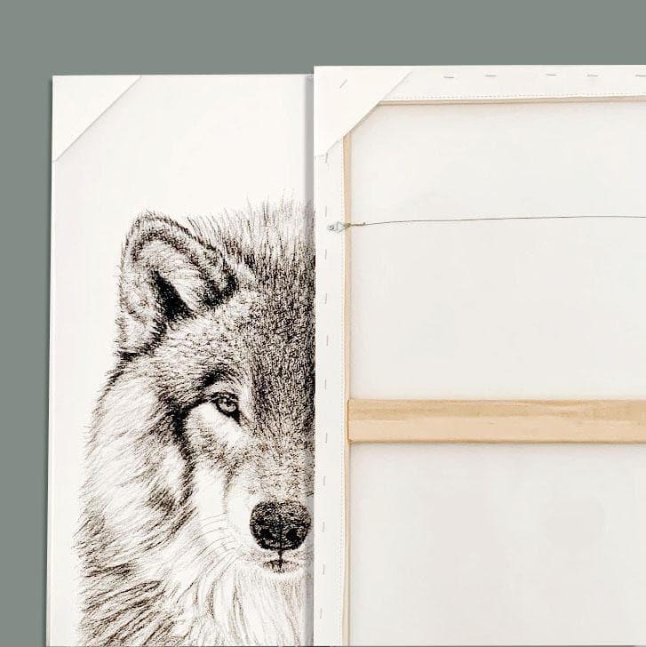 Wolf wall art canvas, close-up wolf illustration, one canvas face front, one back