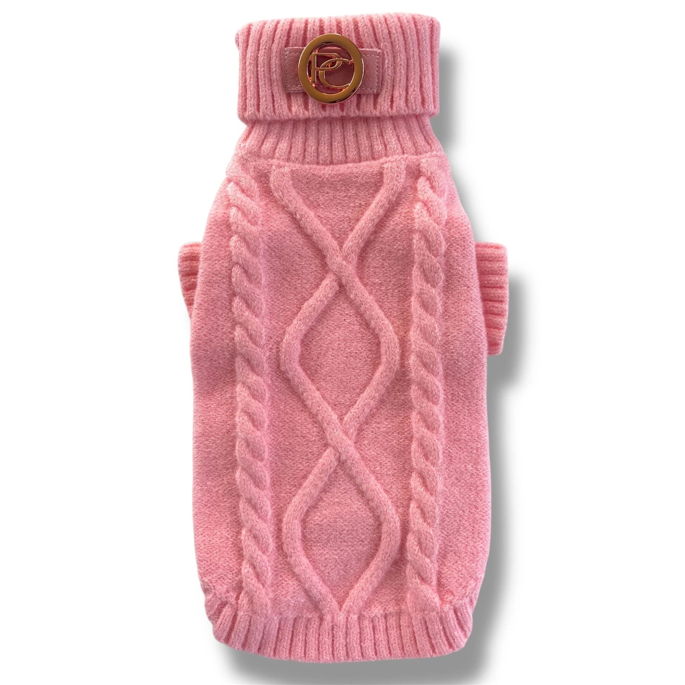 Pink cable knit dog sweater with gold button on ribbed turtleneck, pet clothing