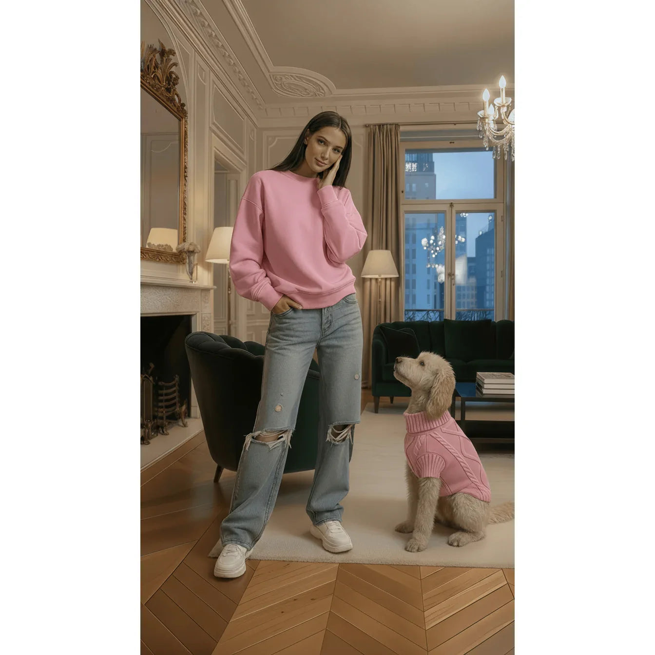 Woman in pink sweatshirt and ripped jeans with a dog in pink sweater in elegant living room