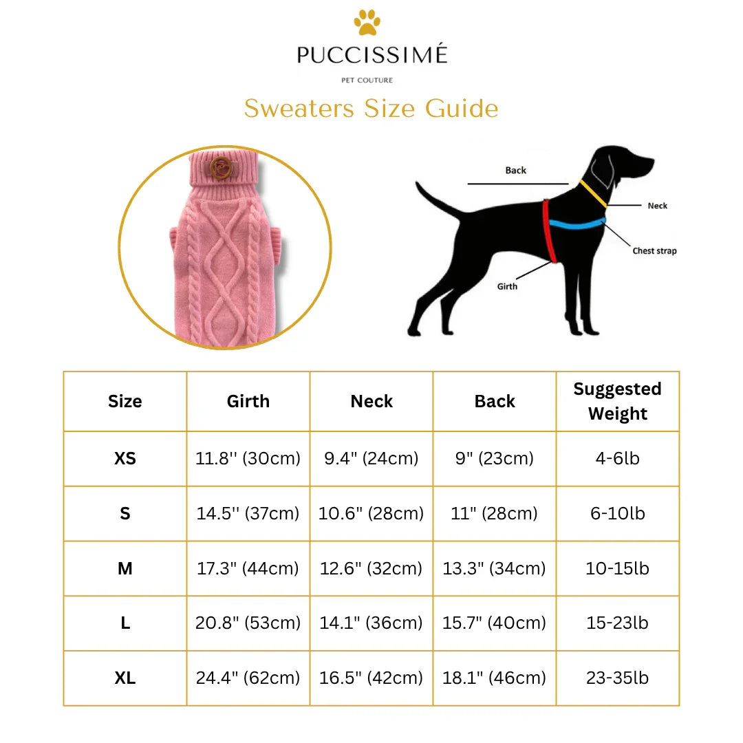 Dog sweater size guide with chart, pink knit sweater, and dog measurement diagram.
