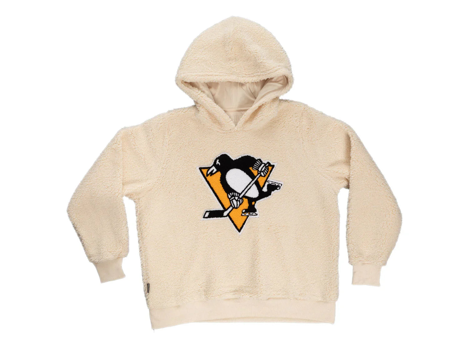 Beige sherpa hoodie with Pittsburgh Penguins logo on front, hockey fan apparel