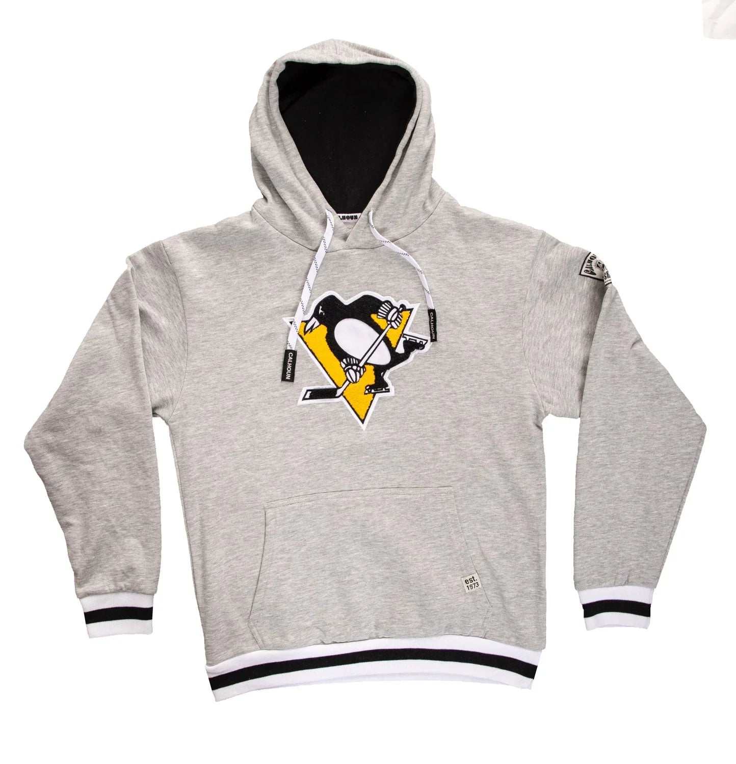 Gray Pittsburgh Penguins hoodie with chenille logo, front pocket, and striped cuffs.