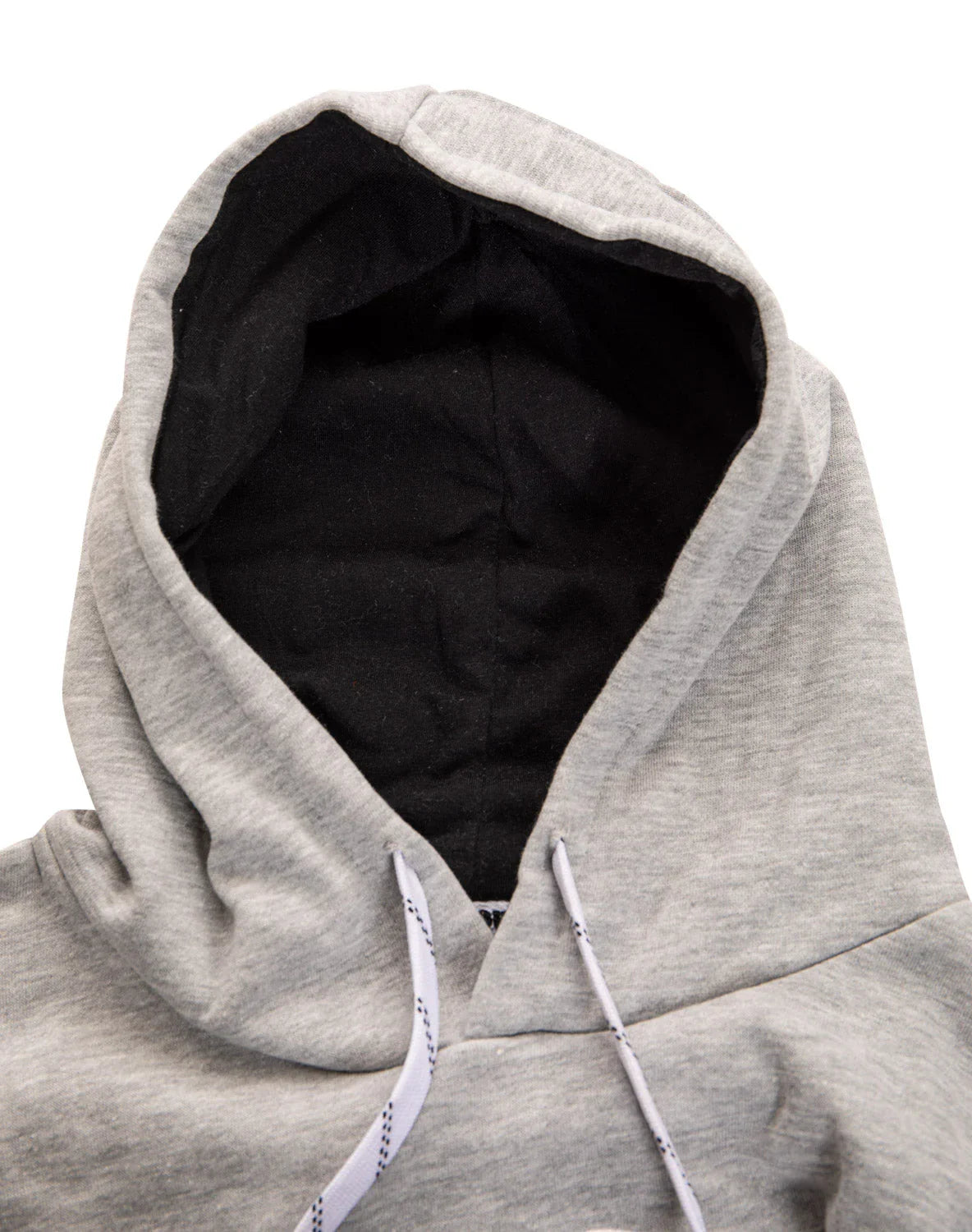 Grey hoodie with black hood lining and white drawstrings, close-up detail view