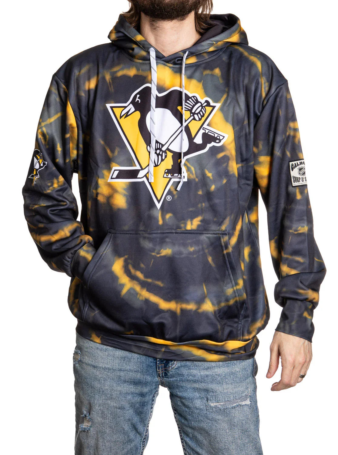 Pittsburgh Penguins tie-dye hoodie with logo, worn by man in jeans