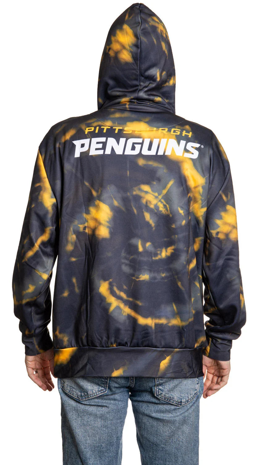 Back view of Pittsburgh Penguins sublimated hoodie with black and gold tie-dye design.