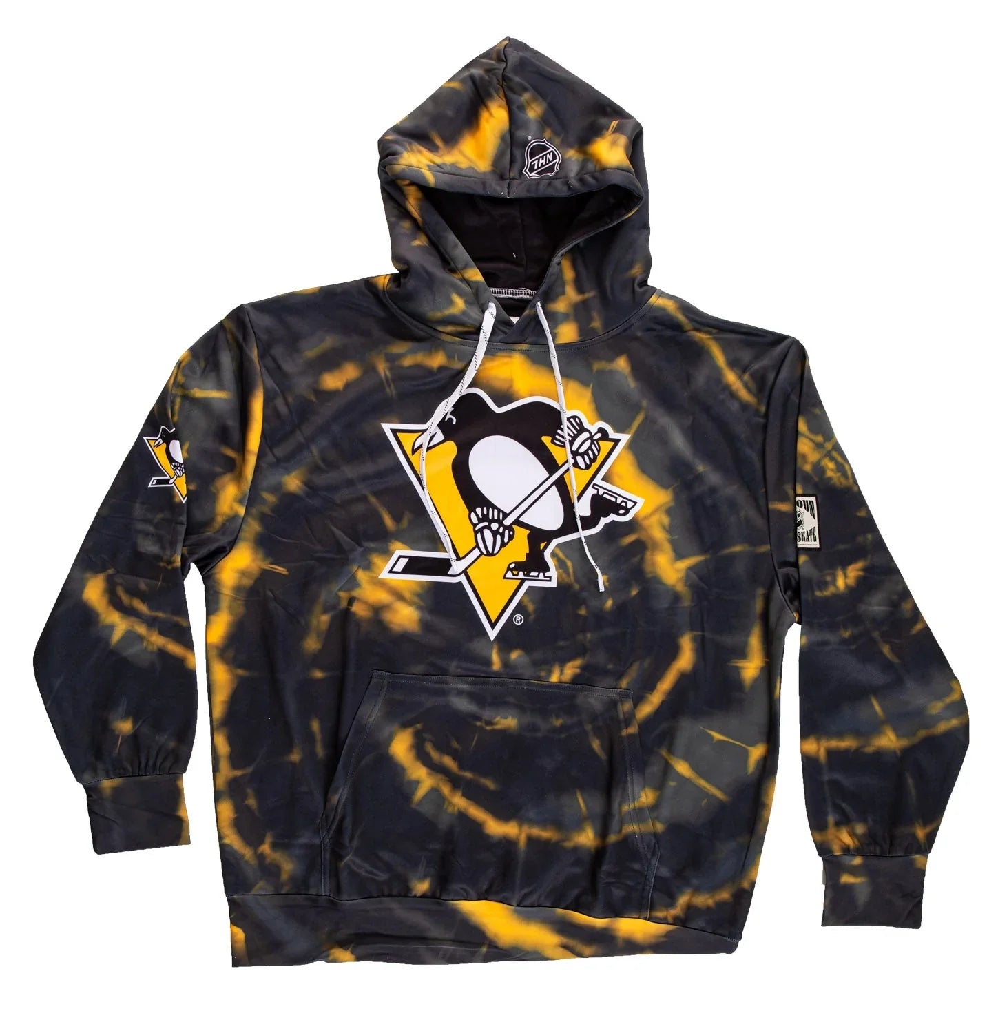 Pittsburgh Penguins tie-dye hoodie with team logo, yellow and black design, front pocket