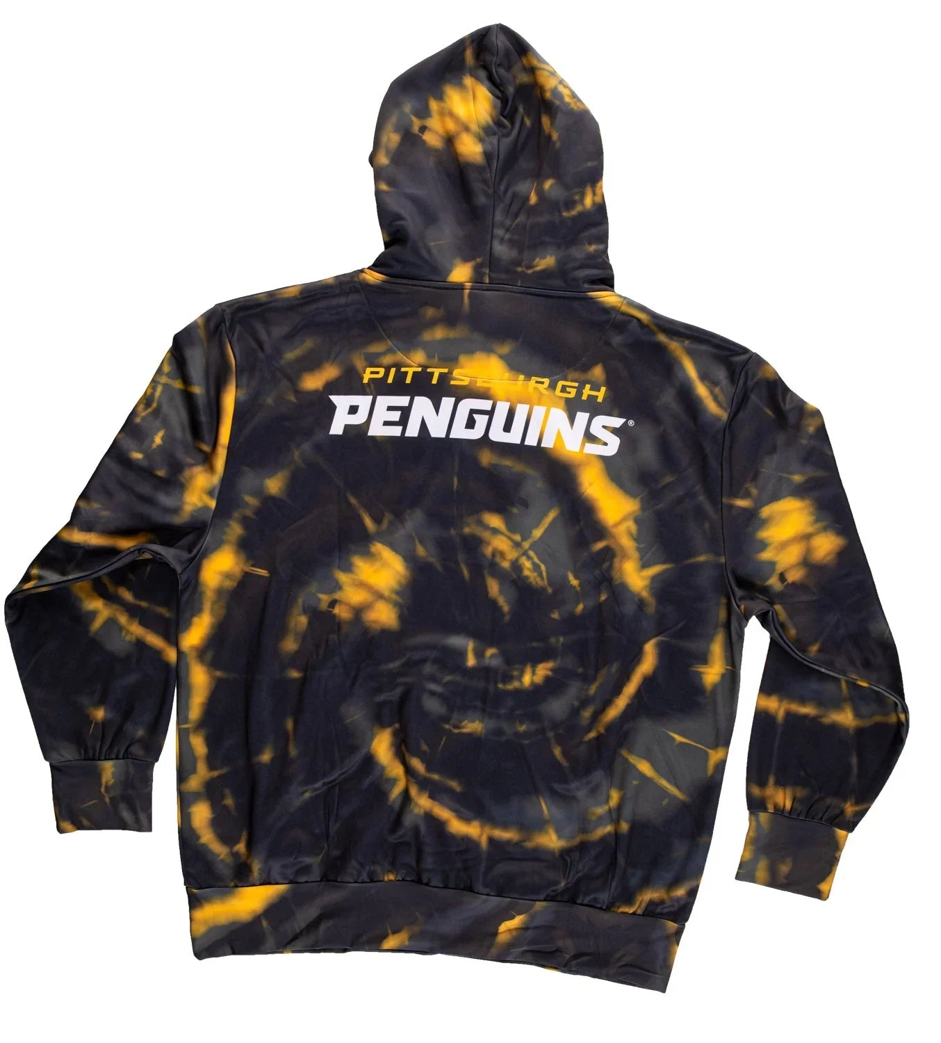 Pittsburgh Penguins tie-dye hoodie with yellow and black pattern, team name on back