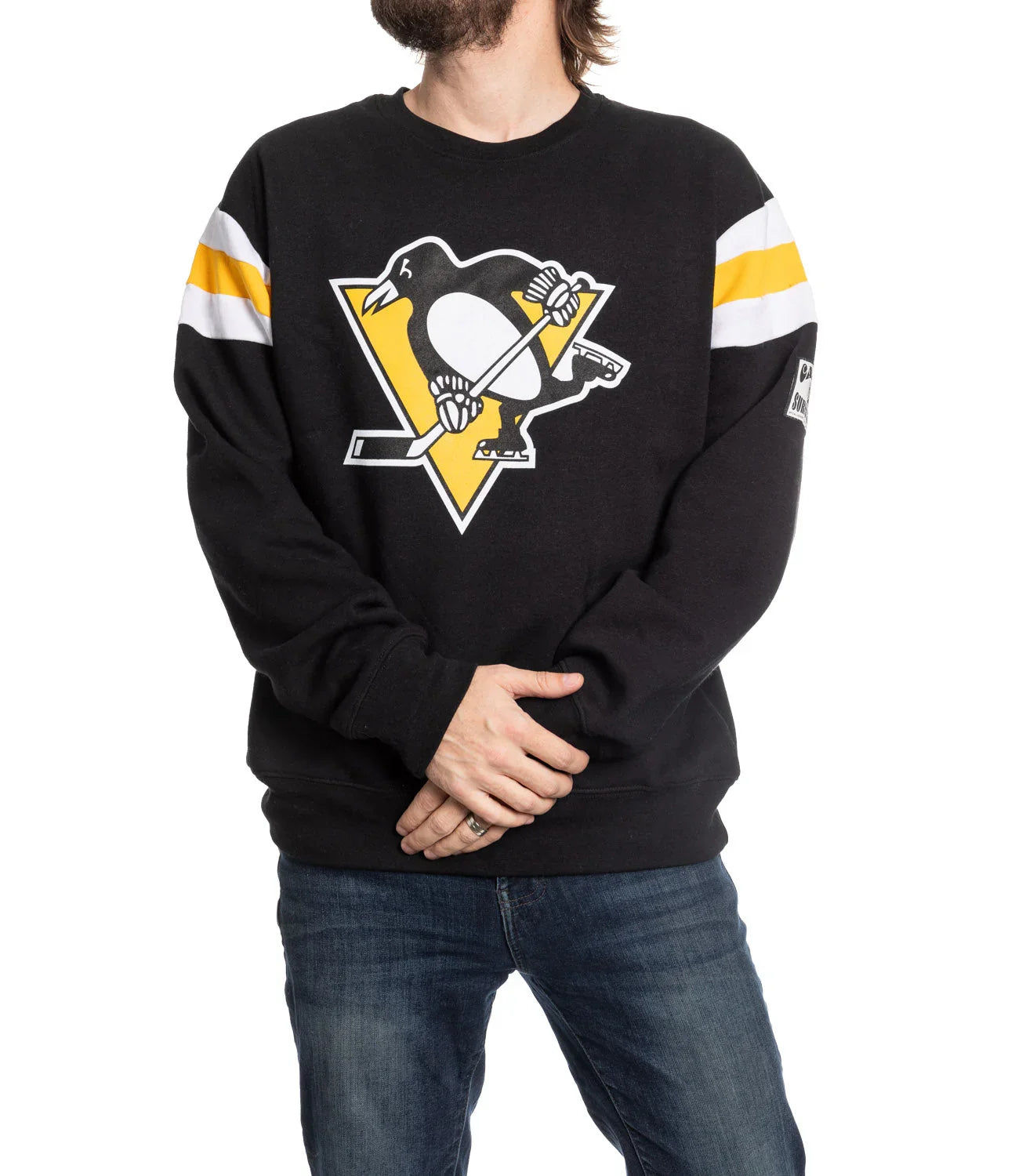 Black Pittsburgh Penguins varsity sweater with logo, yellow and white striped sleeves