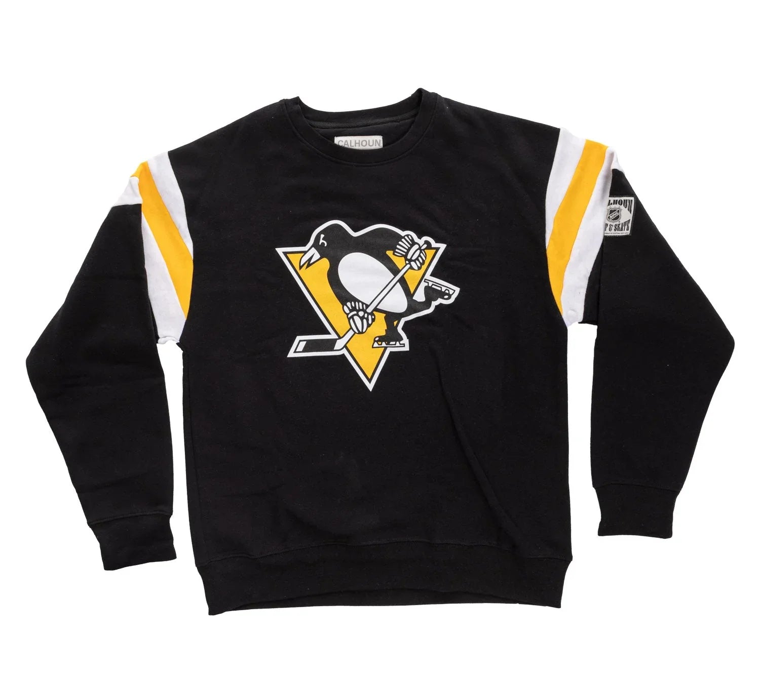 Black Penguins varsity crewneck sweatshirt with yellow and white sleeve stripes and team logo