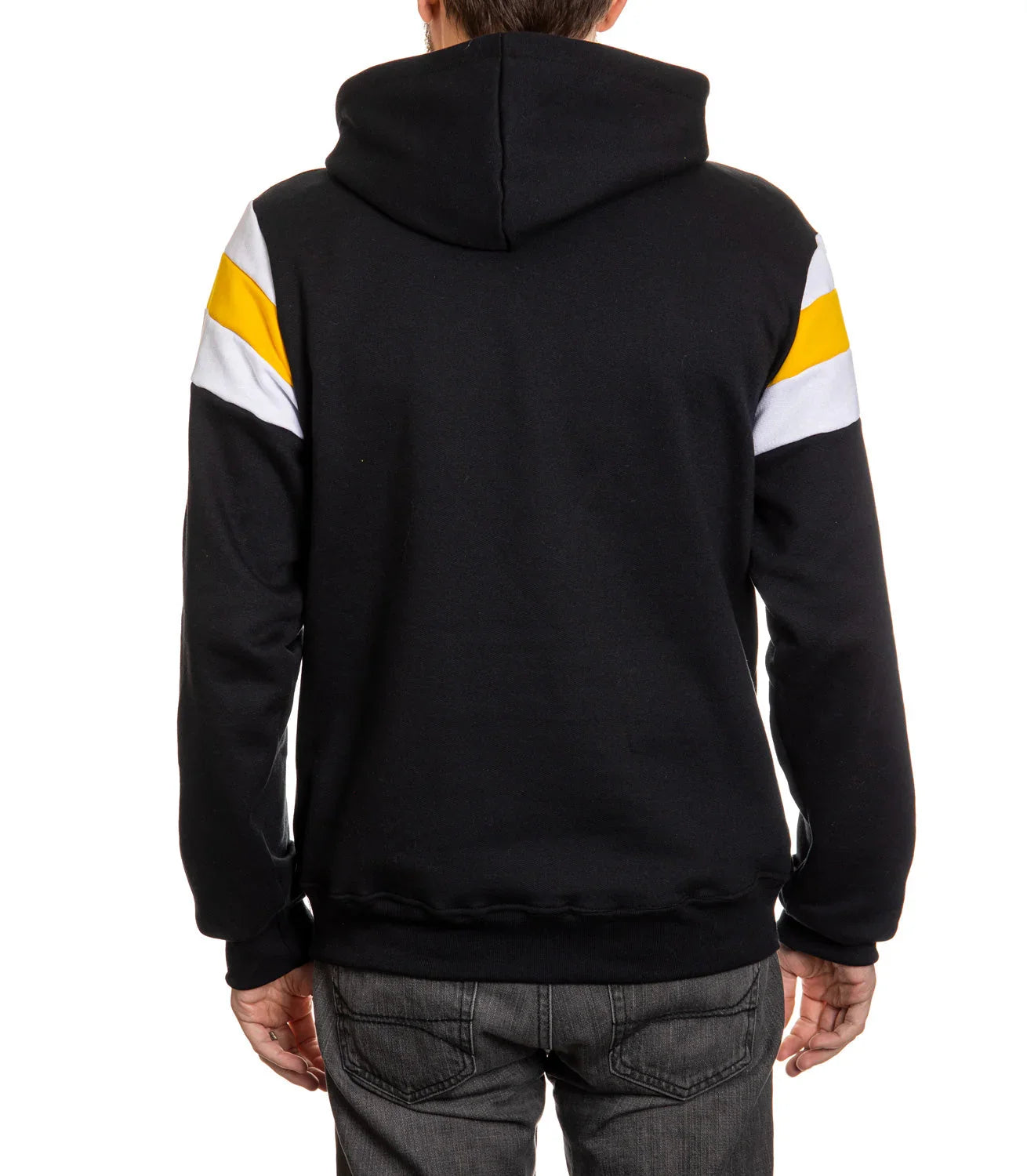Back view of black hoodie with yellow white stripes on sleeves, casual men's fashion