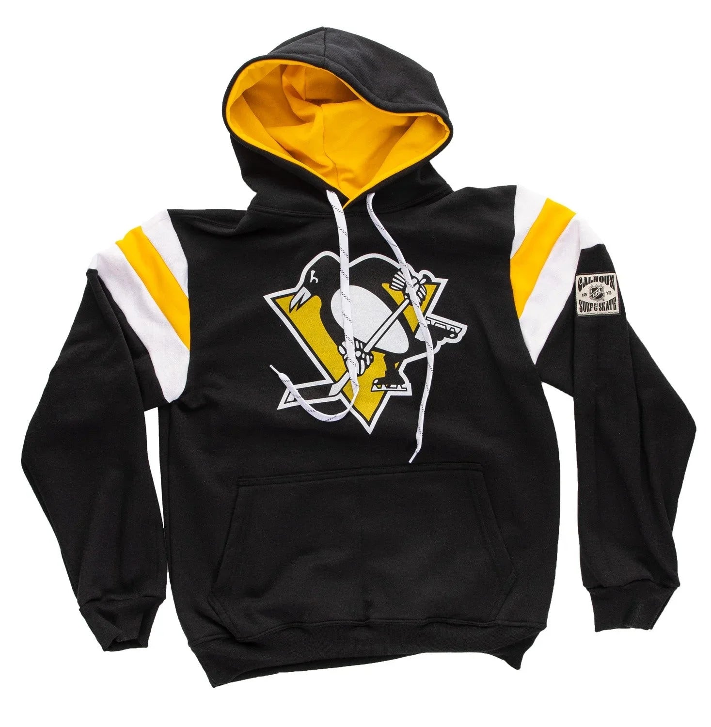 Black Pittsburgh Penguins hoodie with yellow and white accents, team logo on front, Calhoun patch on sleeve
