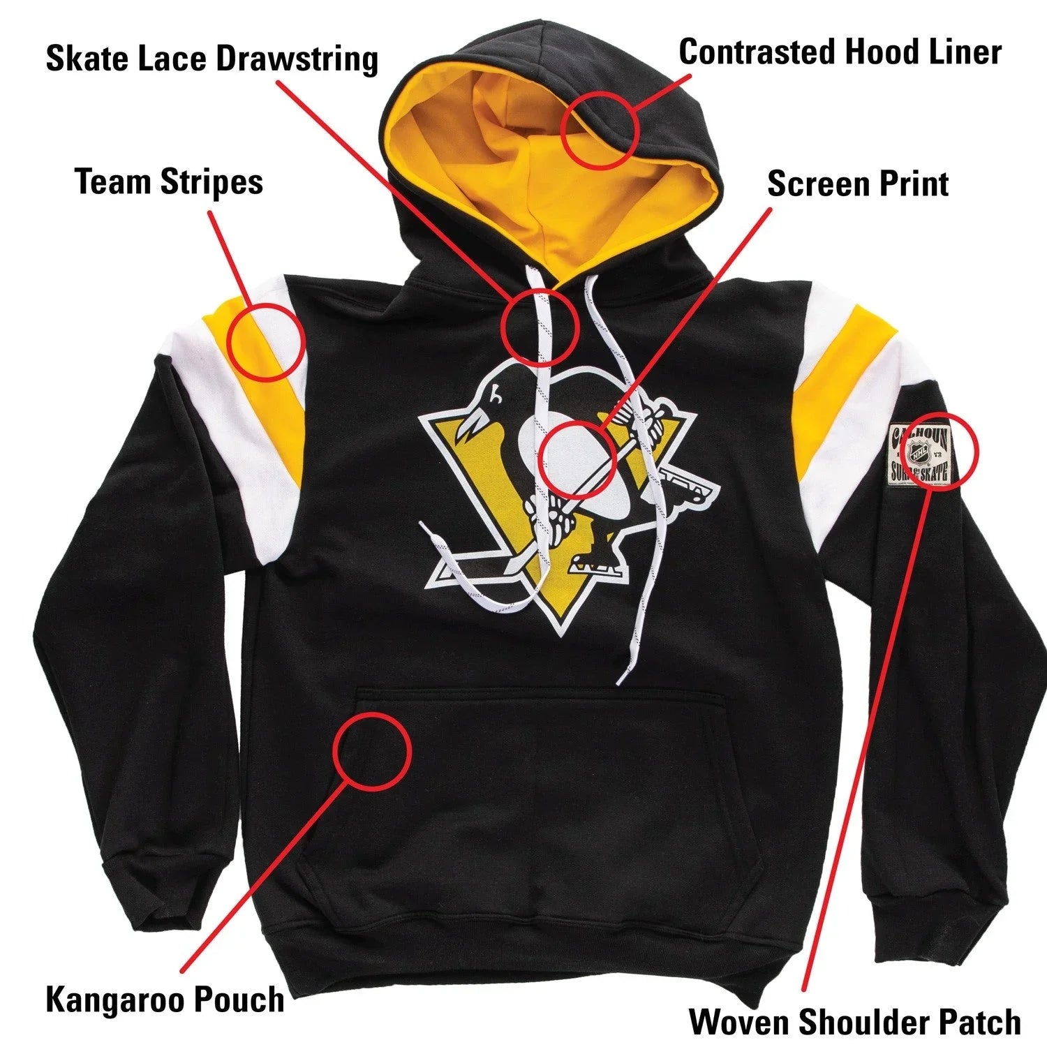 Black and yellow hockey hoodie with Pittsburgh Penguins logo, team stripes, kangaroo pouch, skate lace drawstring, and woven shoulder patch.
