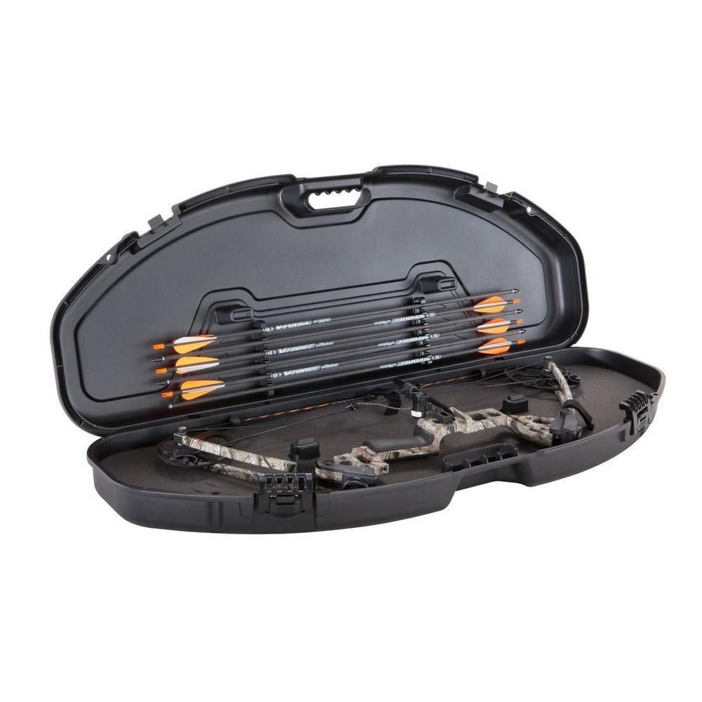 Plano Archery Max ultra compact bow case with arrows and camo compound bow
