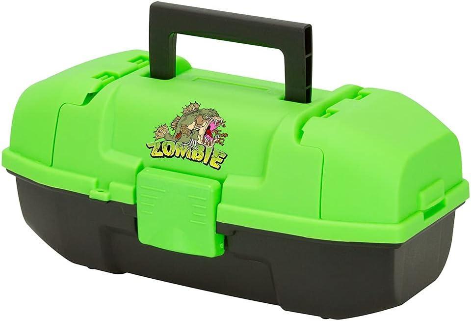 Bright green and black zombie tackle box with cartoon zombie graphic and carrying handle