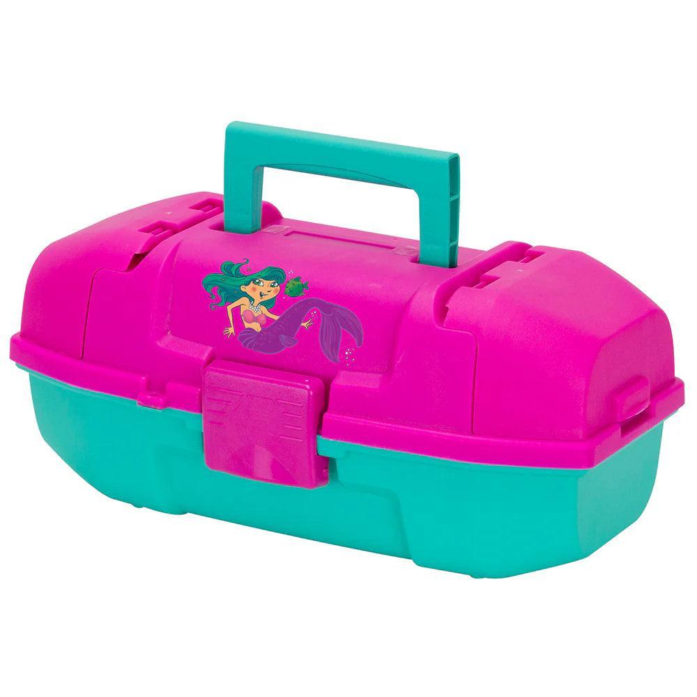 Pink and teal kids' tackle box with green mermaid illustration and carry handle