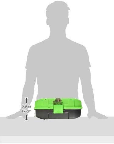 Green and black portable tool box measuring 6.9 inches tall on table with human silhouette