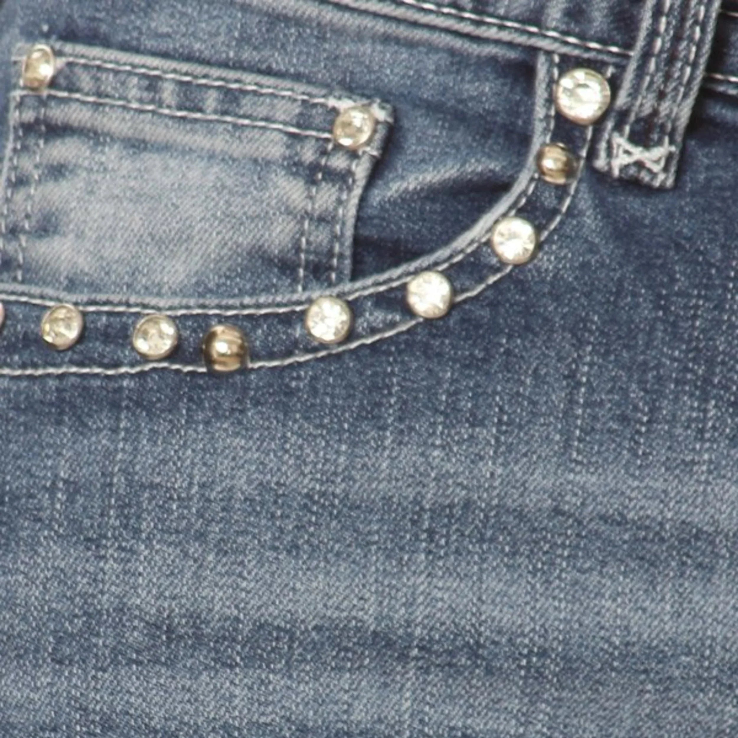 Blue denim jeans front pocket with rhinestone stud embellishments