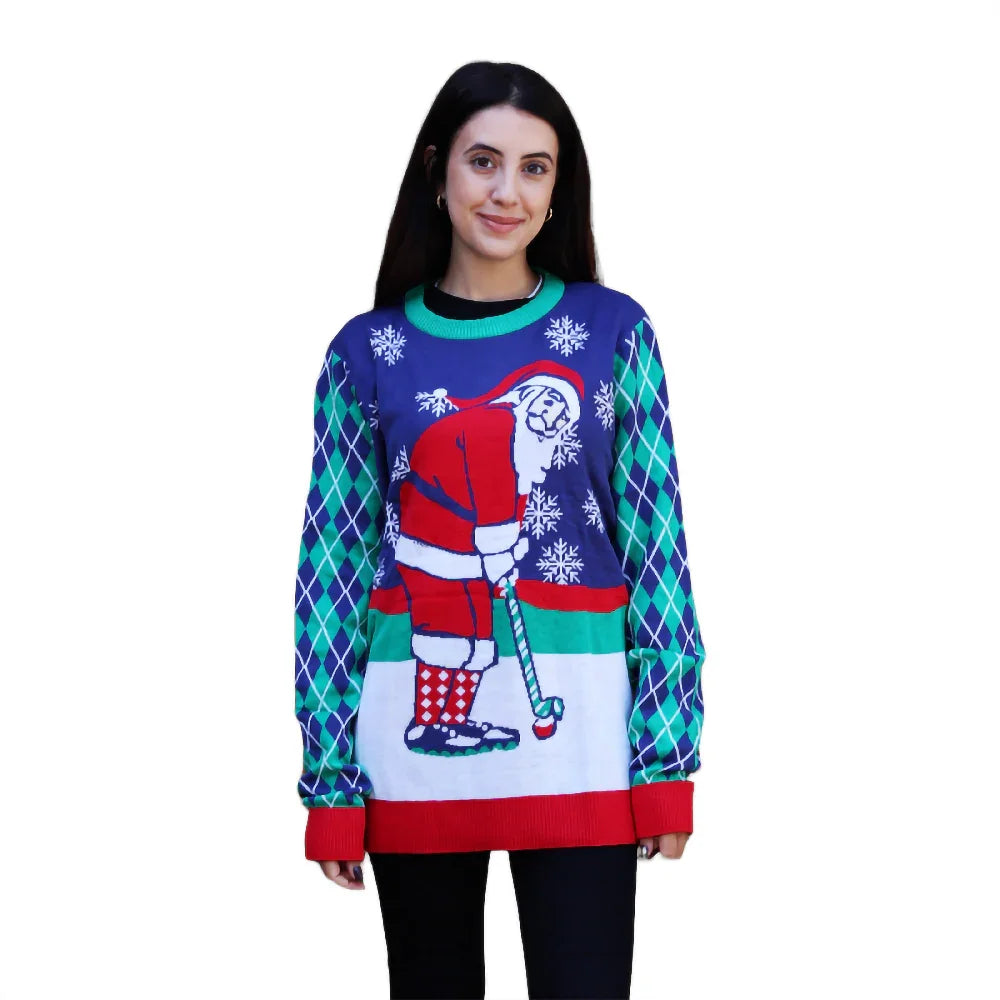 Woman wearing Christmas sweater with playful Santa Claus, snowflakes, and argyle sleeves