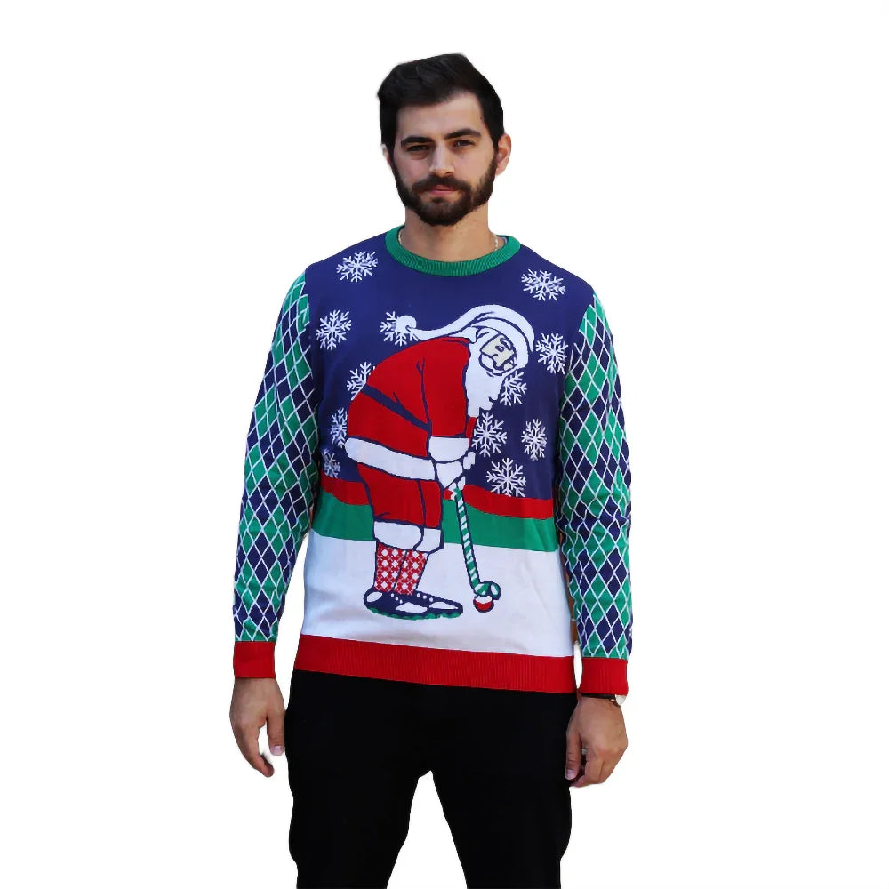 Man wearing a festive Christmas sweater with golfing Santa and snowflake patterns