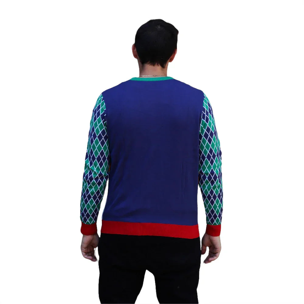 Man wearing blue sweater with green diamond patterned sleeves and red accents, back view