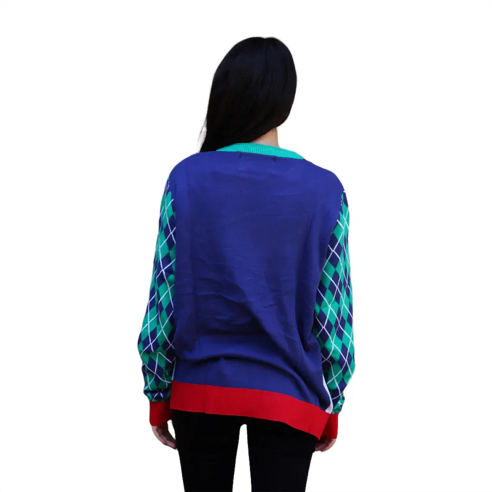 Woman in blue sweater with green argyle sleeves and red hem, back view on white background
