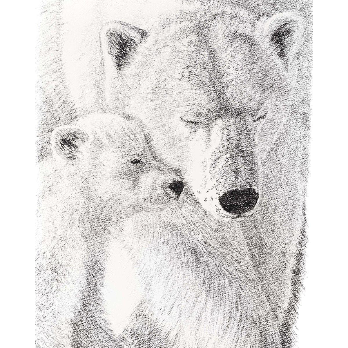 Polar bear with cub illustration, detailed pencil drawing, animal art collection