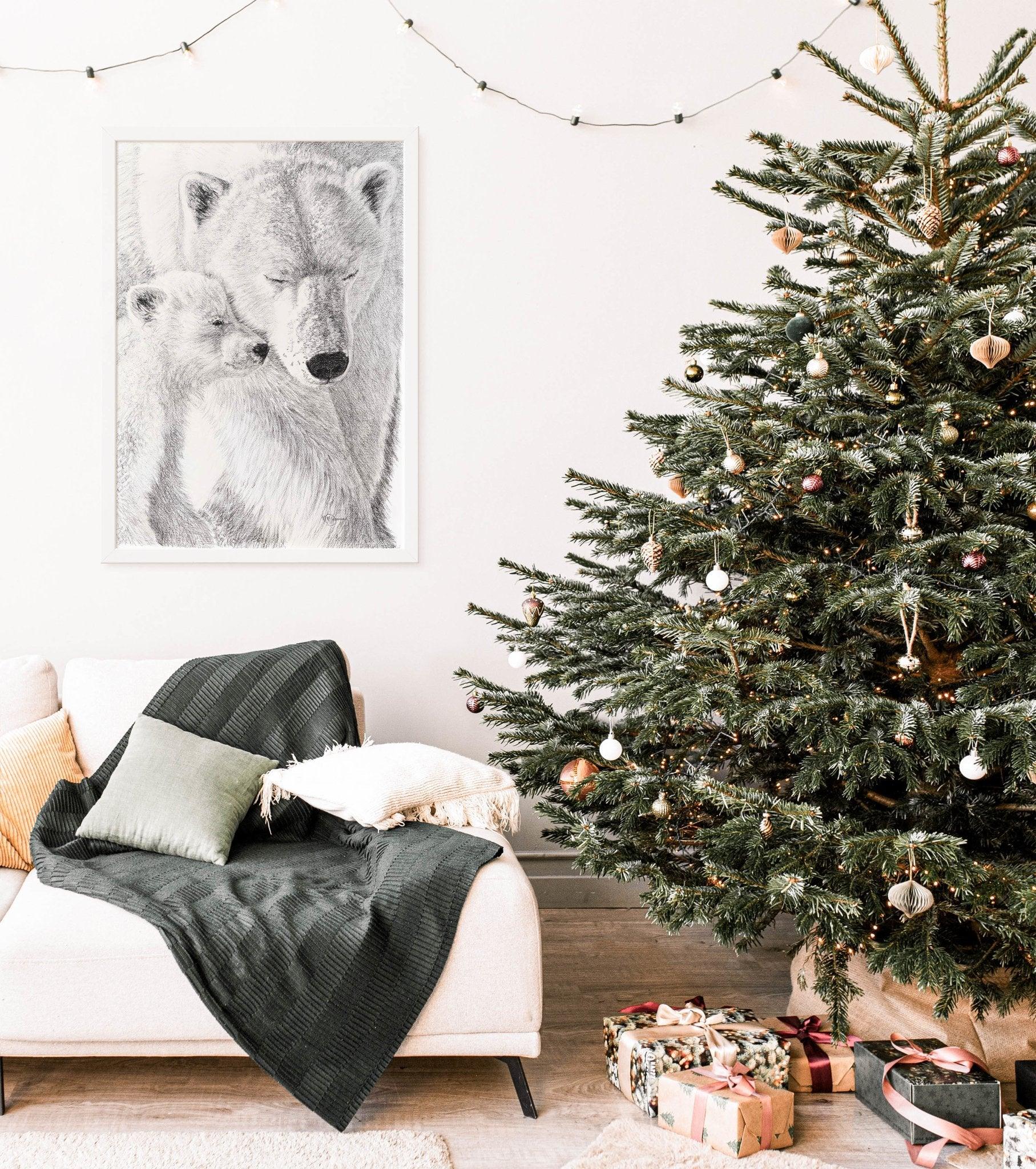 Polar bear with cub illustration on wall, cozy living room with Christmas tree and gifts
