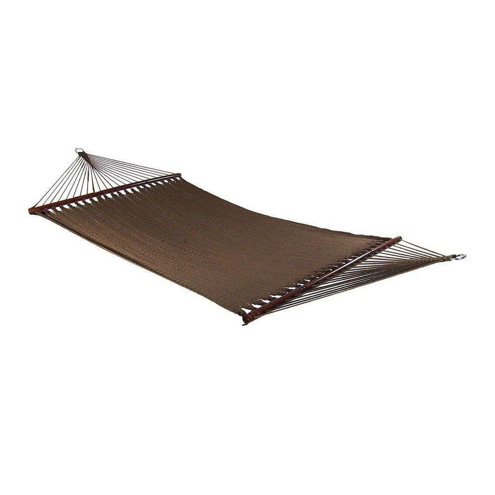 Coffee brown polyester rope hammock with wooden spreader bars on white background