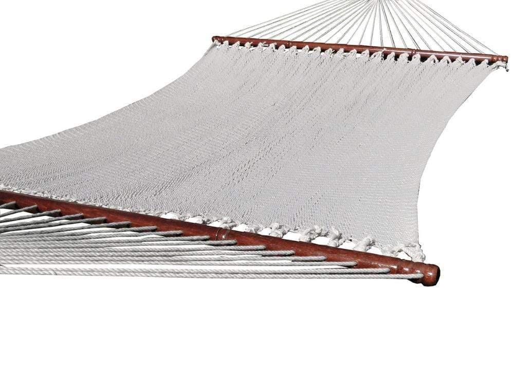 Natural polyester rope hammock with wooden spreader bars, close-up view