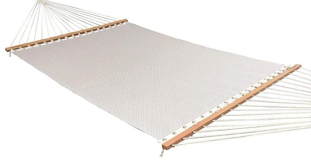 Poolside double hammock sand color with wooden spreader bars and woven fabric