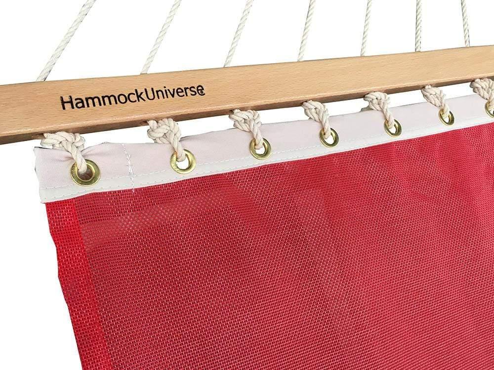 Closeup of red mesh double hammock with wooden spreader bar and rope, HammockUniverse logo