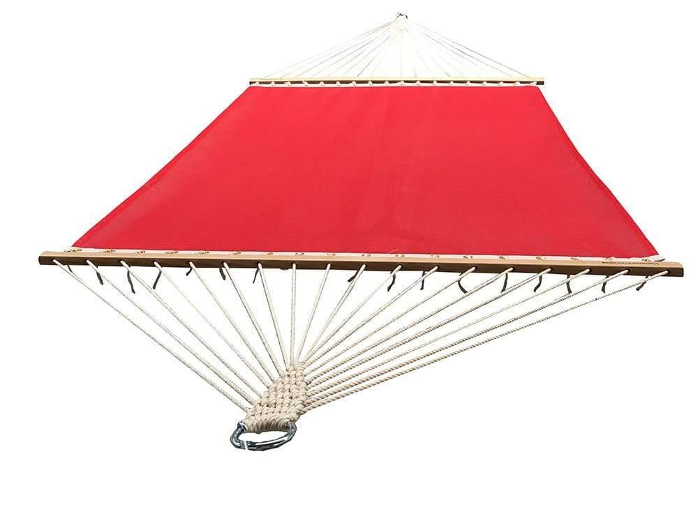 Red double hammock with wooden spreader bars and white ropes, poolside hammock.