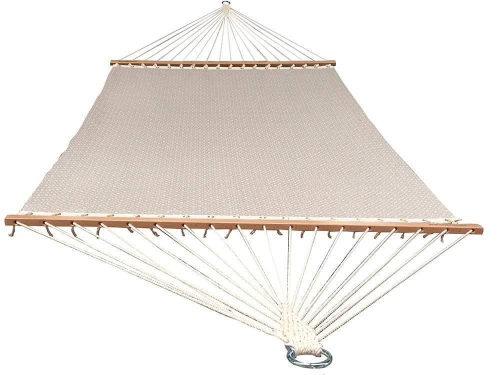 Sand color poolside double hammock with wooden spreader bars on white background
