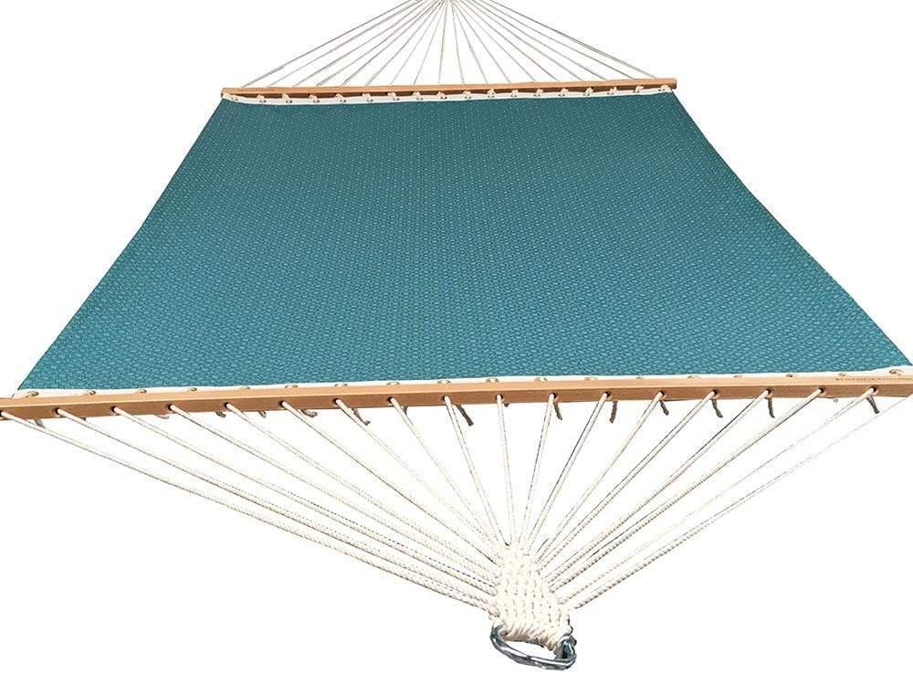 Light blue double hammock with wooden spreader bars and white rope suspension
