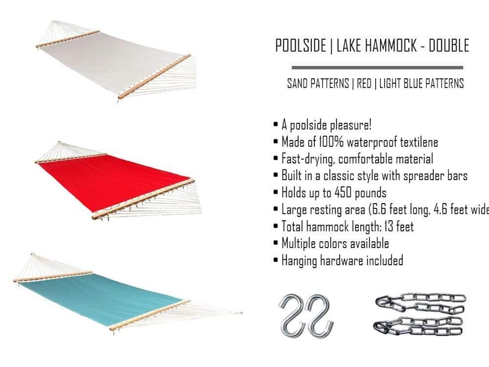 Double poolside lake hammock in sand, red, and blue patterns with hanging hardware, waterproof textilene.