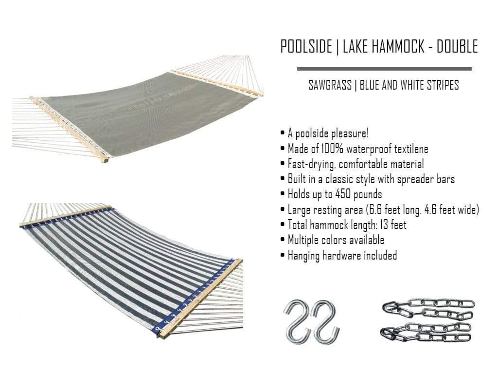 Double poolside lake hammock in gray and blue-white stripes with spreader bars and hardware.