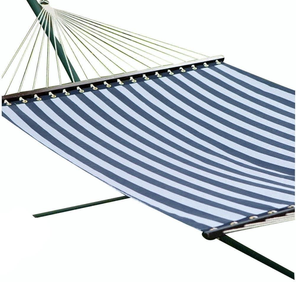 Blue and white striped poolside hammock on a metal stand close-up