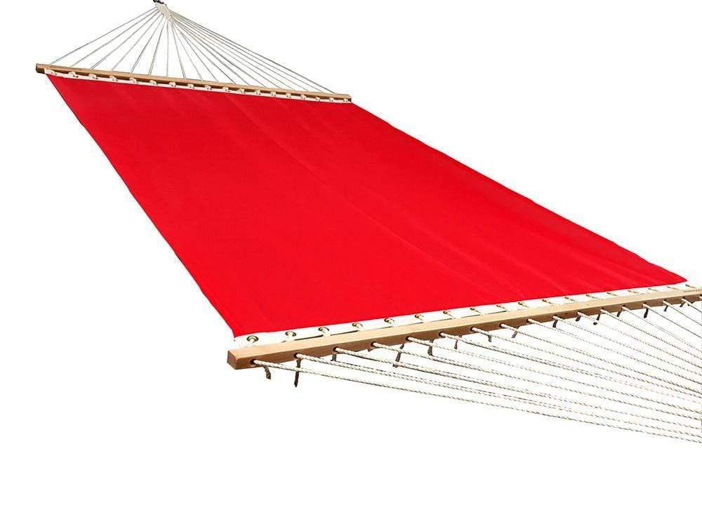 Red double hammock with wooden spreader bars and strong white ropes